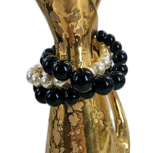 Vintage 3 Lot Large White & Black Plastic Faux-Pearl Bead Stretch Mod Bracelet - Picture 1 of 5